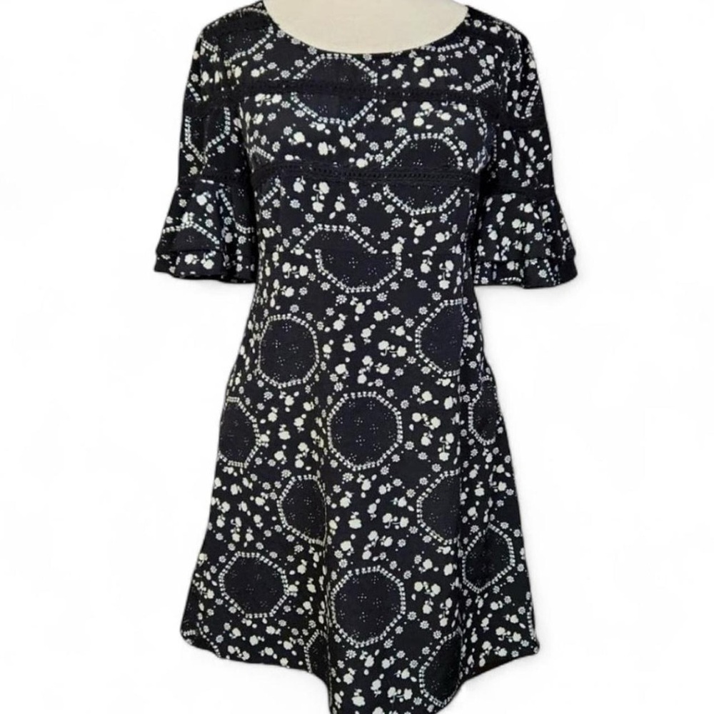 Free People Black & White Lace Cutout Mini Dress, Ruffle Sleeves, Size 10